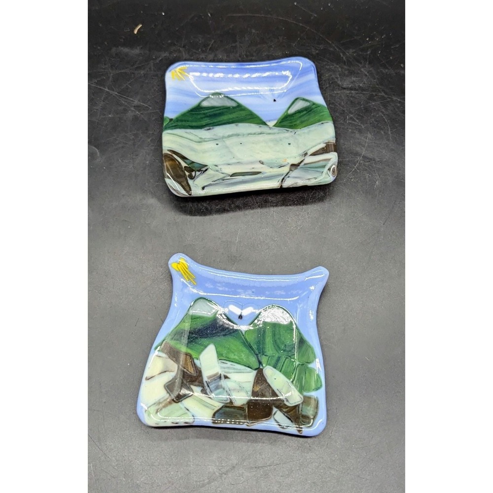 Lot 2 Vintage Fused Glass Trinket Dish Blue Iridescent Mountain Landscape 5.5"
